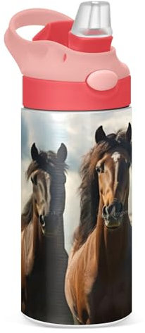 Sevdomey Gourde Metal en Acier Inoxydable avec Paille, Motif Cheval pour Filles et Garçons - 350 ml - Pour l'École, la Crèche, les Voyages, le Sport