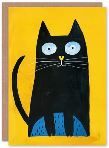 Artery8 Black Cat Lover Quirky Yellow Blue Pet Portrait Blank For Him Or Her Art Birthday Card