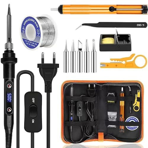 Lötkolben Set 80W LCD Einstellbar Temperatur 180-520°C Lötkolben mit Ein/Aus Schalter, 50g Lötdraht, 5 Lötspitzen, Pinzette, Entlötpumpe, Lötkolbenständer, Lötset für Elektrische Arbeiten