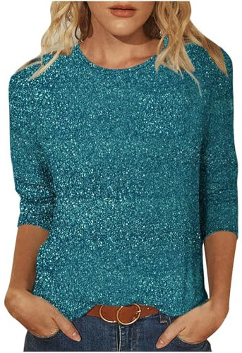 Tunika Damen Elegant Pailletten Oberteil Shirt 3/4 Arm Festliche Bluse Longshirt Rundhals Lässig T-Shirt Baumwolle Glitzer Top Leichte Vintage Shirt Weich Bequem Langarmshirt Glitzershirt Frauen