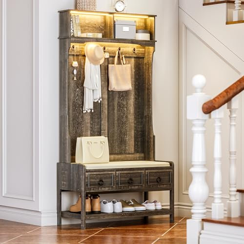 Gurexl 67” Farmhouse Coat Rack with Shoe Storage, Auto Sensor Wood Coat Tree with LED Lights, 3-in-1 Entryway Bench with Coat Rack, Hooks and Drawers for Hallway,Living Room,Bedroom-Dark Rustic Oak