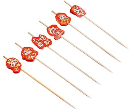 Lot de 100 cure-dents pour cocktail du Nouvel An chinois - Pour fruits, desserts, aliments, sandwichs, boissons, viande, brochettes de fruits, fournitures de fête - Bâtonnets de Saint-Valentin (rouge