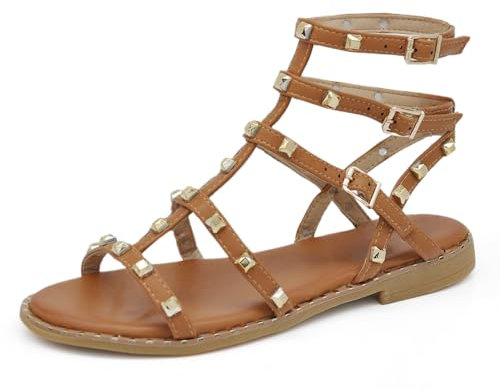 IF Fashion Schuhe Sandalen Flip-Flops Gladiator Sommerstiefel für Damen mit Nieten Kunstleder 6868-136, 701 Camel Schnallen, 41 EU