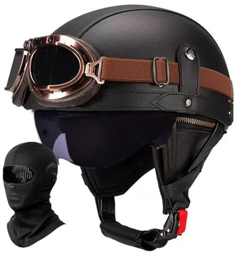 Deutscher Leder-Motorrad Halbhelm Vintage Halbmasken-Helm Erwachsene Männer Frauen Leichter Retro-Helm mit Offenem Gesicht für Moped Fahrrad Cruiser Scooter Chopper, ECE-geprüft