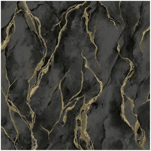 YöL Heavyweight Vinyl Black Gold Pandora Wallpaper - Paste The Paper Scrubbable - 10.05m x 53cm Roll - Contemporary Versatile Modern - Feature Statement Wall - Bedroom Living Room Lounge