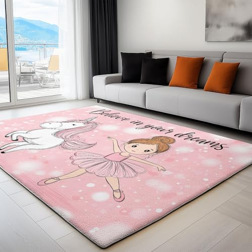 Waschbarer Rutschfester Teppich 80 x 150cm, Süße Ballerina Mädchen und Einhorn, Leichte und Flauschig Matte, Strapazierfähig für Flur, Eingangsbereich, Wohnzimmer Kinderzimmer Teppiche Gegend