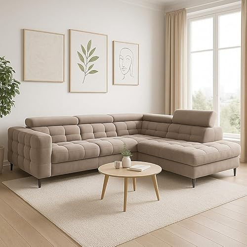 Agritrade AK Modern Ferucce Corner Sofa Bed with Storage Adjustable Headrests and Wavy Springs Beige Right Side