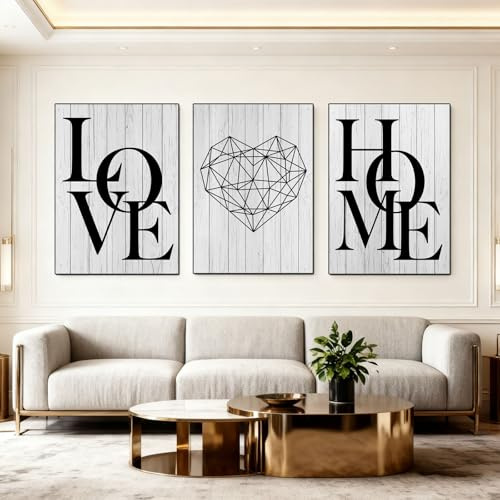 Xiyocadt 3er Set LOVE HOME Herz Buchstaben Leinwanddrucke,Schwarz Weiß Motivierende Zitate Leinwand Bilder,ohne Rahmen für modernes Zuhause, Büro, Wohnzimmer, Schlafzimmer,ungerahmt (40 * 50cm,C)