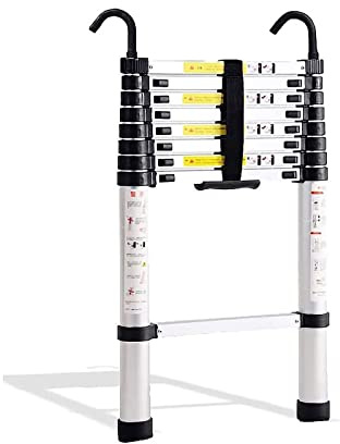 Teleskopleiter, Faltbare Dachbodentreppe, tragbare ausziehbare Aluminiumleiter mit 2 abnehmbaren Dachhakenleiter(3.0m)