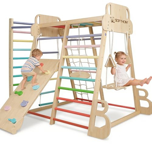 SOFTHOM Maxi Klettergerüst Indoor, 10 in 1 Multifunktional Indoor Spielset für Kinder, Montessori Klettergerüst mit Rutsche, Schaukel, Kletterwand, Kletterdreieck, Spielplatz für Kinderzimmer aus Holz