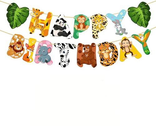Happy Birthday Girlande Dschungel Tiere, Geburtstags Deko Banner für Kinder, Tierischer Dschungelparty Deko für Kindergeburtstag, Baby Shower & Mottoparty Zubehör, Girlande Geburtstag