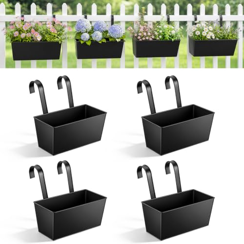 Yimomoyi 27.5cm Over Fence Planters, 4Pack Metal Hanging Plant Pots, Black | Balcony Planters for Railing, Fence Hanging Planter with Detachable Hooks, Hanging Plant Pots Outdoor for Fences/Garden/Home