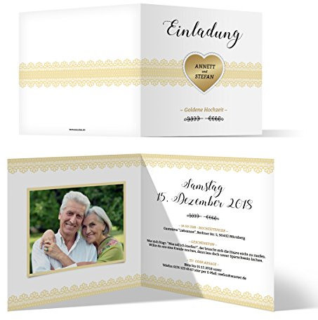 10 bis 100 personalisierte Hochzeitseinladungen zur Goldhochzeit goldene Hochzeit Einladung individuell - Goldherz Motiv, Klappkarte mit Ihrem Foto, quadratisch 148x148mm, festes Papier