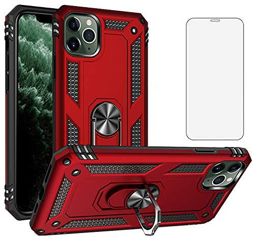 Phone Case for iPhone 11 Pro 2019 5.8 inch with Tempered Glass Screen Protector Cover and Magnetic Stand Ring Holder Shockproof Heavy Duty Accessories iPhone11pro iPhone11 11s 11p 11pro XI Red
