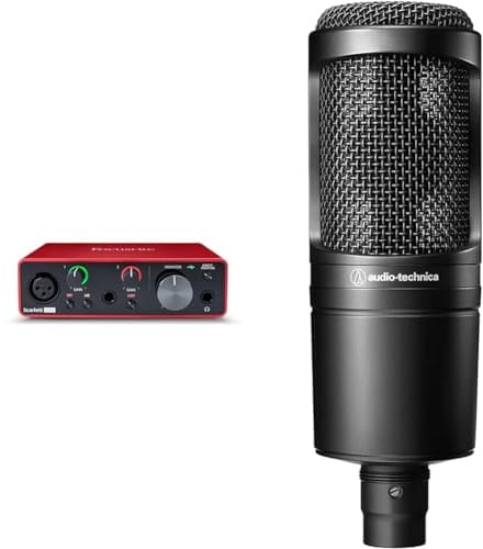 Focusrite Scarlett Solo 3rd Gen Interfaz de audio USB + Audio-Technica AT2020 Micrófono de condensador cardioide (conexión XLR) para voz en off, podcasting, streaming y grabación.