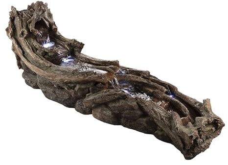 Alpine Corporation 80 Long Indoor/Outdoor Wood River Log Water Fountain with LED Lights, Cascading Natural Water Feature for Gardens, Patios, Yards, and Outdoor Decor, Brown and Gray