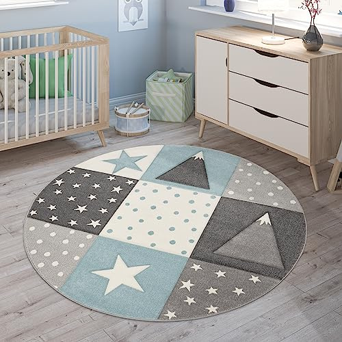 Paco Home Kinderteppich Teppich Kinderzimmer Junge Mädchen Pastell Modern Kariert Punkte Mond Sterne Weiß Grau Blau, Grösse:Ø 200 cm Rund
