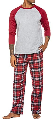 ADOME Vêtements de Nuit Long Pyjama Homme Manche Longue Conjuntos de Pijama Carreaux Coton 2 Piezas Ropa de Dormir Pantalon avec Poches, Rouge-Plaid,