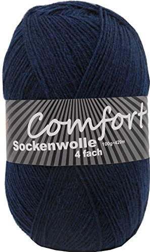 100gr Comfort Sockenwolle Strumpfwolle uni - 4-fädig - 100gr Knäul - 420m Lauflänge - Nadelstärke 2,5-3,0mm-klassiche traditionelle zeitlose Farben (dunkelblau)