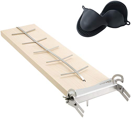smartpeas Flammlachsbrett Aus Birkenholz Zum Räuchern Und Grillen Mit Neigbarer Edelstahl-Halterung +Plus: Silikon-Handschuhe