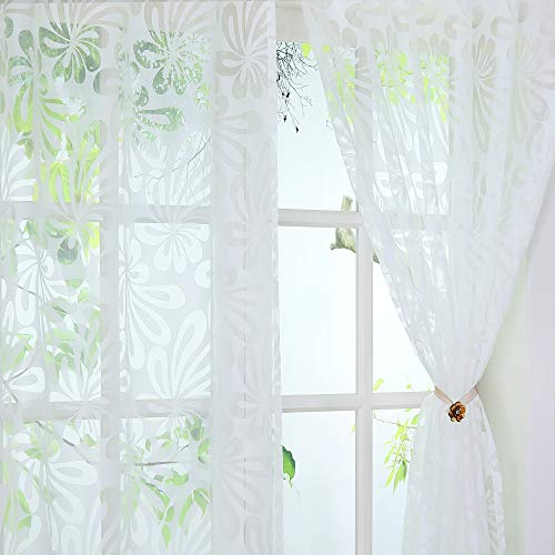 Yujiao Mao 1er-Pack Ausbrenner Gardine mit Floral Muster transparenter Voile Vorhang mit Kräuselband Dekoschal für Wohnzimmer Schlafzimmer, BxH 140x225cm, Weiß