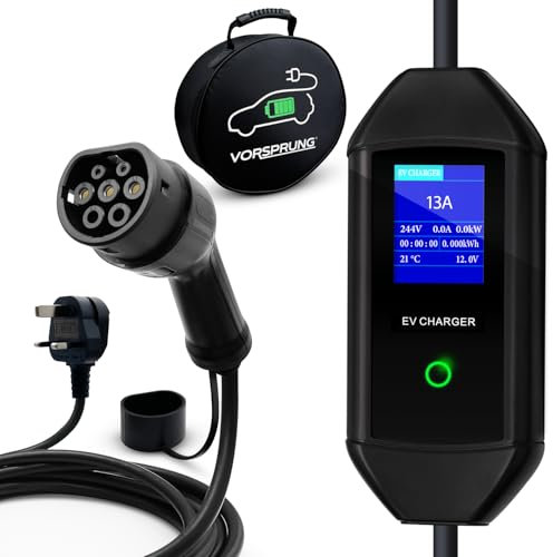 VORSPRUNG® Portable Type 2 EV Charger - 10 Metre with Controllable Digital Screen (UK Plug 3 pin), Electric Vehicle Charging Cable Type 2 (T2 female), 6A 8A 10A 13A +Free Carry Case (10M) -UK