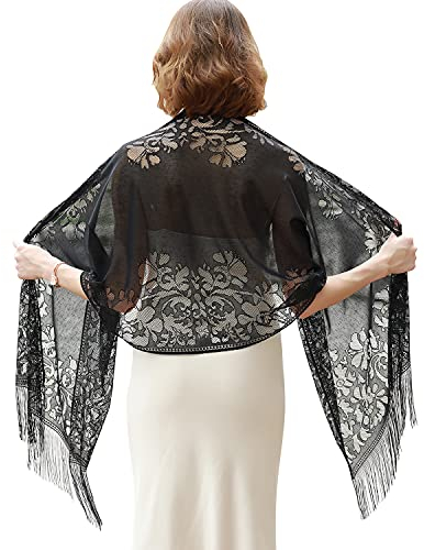 RIIQIICHY Stola Für Abendkleid Schal Stola Damen Festlich Umschlagtuch Umhang Schwarz Spitzenschal Mit Fransen für Hochzeit Party Braut