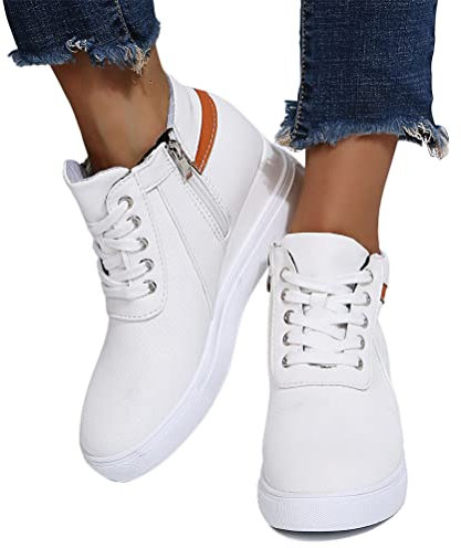 ORANDESIGNE Stivali Donna con Zeppa Plateau Stivaletti,Scarpe da Donna alla Moda Stivali Corti con Zeppa Colorblock Brock con Suola Spessa A Bianco 41 EU