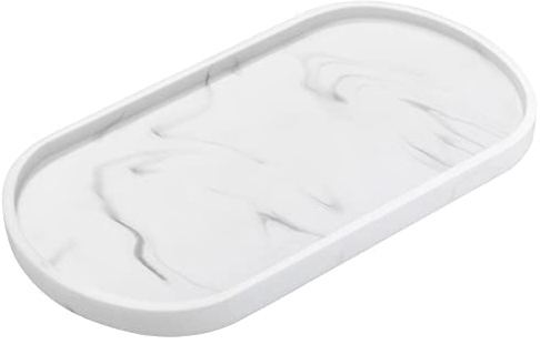 Luxspire Harz Badezimmertablett, Schminktisch Tablett Organizer Deko Ovale Bad Schmuckaufbewahrung, Servierbrett Schale für Kerzen Seife Kosmetik Schmuck Pflanze, 29 * 15,5 * 1,8 Zoll, Marmor Weiß