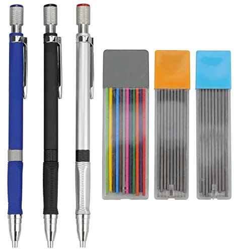 oupados 3 Pièces Crayons Mécaniques Porte Mines 2,0 mm avec 2 Étuis Recharges Noir et 1 Étuis Recharges de Couleur, 2B Crayon Criterium de Dessin pour Croquis d'Art, Écriture, Marqueur