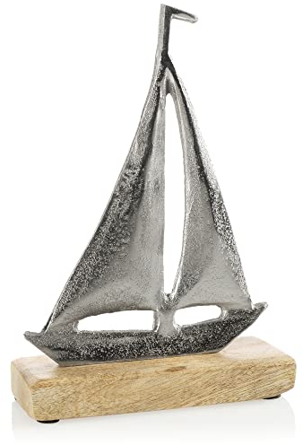 com-four® Segelschiff, Segelboot - Maritimer Aufsteller - Metall-Schiff - Deko-Schiff aus Metall und Standfuß aus Mangoholz (01 Stück - Segelboot)