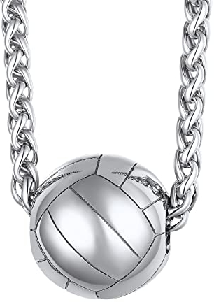 FindChic Kette für Herren Volleyball Anhänger aus Edelstahl Kettenlänge 61 cm verstellbar als Geschenk zum Geburtstag, Weihnachten, Valentinstag Silber