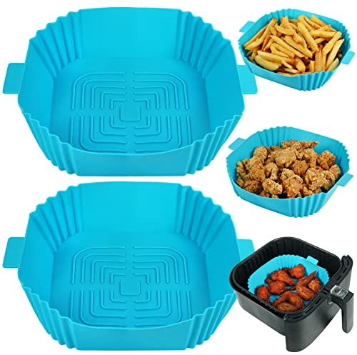 YQL Square Air Fryer Silicone Liners for Airfryer Baskets 3.5L-5.5L, 2PCS Reusable Air Fryer Accessories, 8 Inch (Inner Size: 6.5 Inch) Airfryer Trays for COSORI, Ninja, Tefal, Russell Hobbs (Blue)