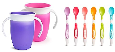 Munchkin Tasse d’Apprentissage Miracle 360, Gobelet Bébé, Tasse Enfant sans BPA avec Poignées, Tasse Magique Antifuites - 207 ml, Lot de 2, Rose/Violet & Cuillères Bébé 1er Âge Soft Tip - Pack de 6