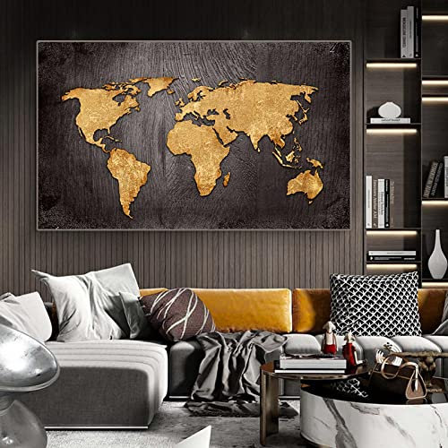 Weltkarte Poster und Drucke Goldene Kunst Bild Leinwand Wandmalerei für Wohnzimmer Schlafzimmer Büro Moderne Wohnkultur 27,5 x 39,4 (70 x 100 cm) Kein Rahmen