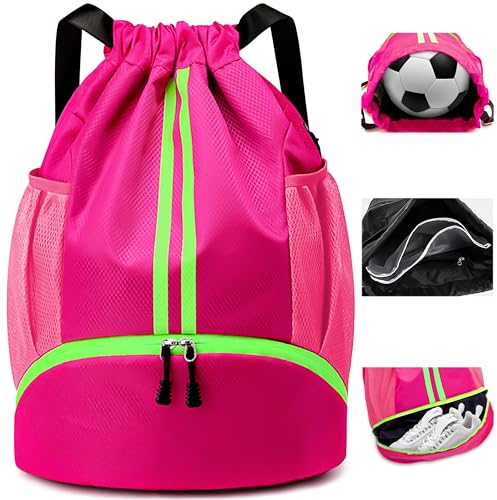 Hoseay Turnbeutel Kordelzug Sportbeutel mit Schuhfach und Nassfach Damen Groß Sportrucksack Wasserdicht Fußball Tasche Leicht Verstellbar Sport Rucksack für Sport Reisen Schwimmen Fitness, Rosa