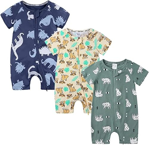 LAEMILIA 3PCS Baby Kurzarm Strampler Junge Mädchen Sommer Pyjama Schlafanzug Baumwolle Neugeboren Overalls Jumpsuit Kleinkind Cartoon Schlafstrampler Babykleidung mit Reißverschluss O 1-2 Jahre