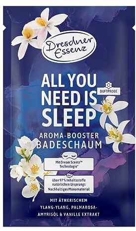 Dresdner Essenz - Schaumbad All you need is sleep - Florales Entspannungsbad mit Palmarosaöl und Westindischem Sandelholzöl - Entspannendes Mandelöl und Vanilleextrakt zur Erholung - Vegan - 500ml