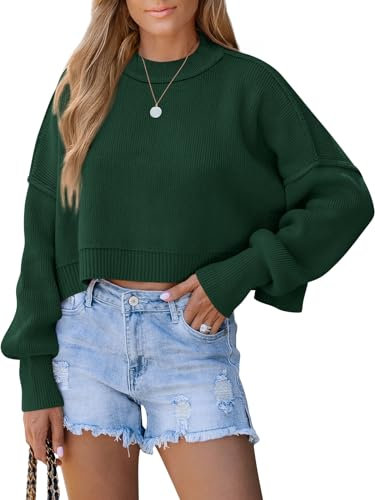 LILLUSORY Cuello alto casual manga larga linterna para mujer, Verde oscuro, L