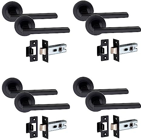 Golden Grace Leon Design Door Handles on Round Rose in Matt Black Finish with 2.5 Tubular Latch, 4 Pairs - 52mm Diameter