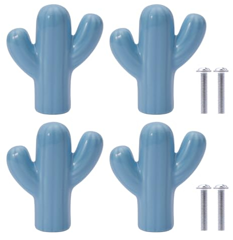NAKUPENDA Lot de 4 poignées de porte en céramique - En forme de cactus - Pour chambre d'enfant, cuisine, bibliothèque - Bleu