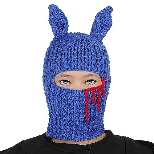 XehCaol Horns Crochet Beanie Strickmütze Ski Maske Y2k Mütze Cat Hat Funny Grunge Kawaii Accessoires Damen Winter (Blue)