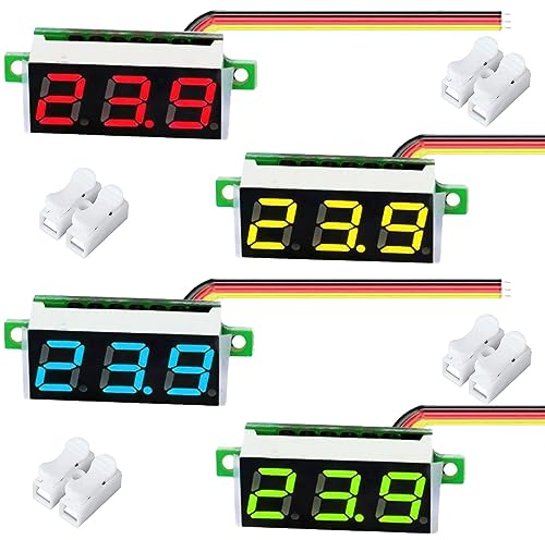 Youmile 4 pcs DC Voltage Display DC 0-100V 0. 28” 3 Wires Voltage Tester Meter LED Display Red, Yellow, Blue, Green Mini Digital Voltmeter with Crimp terminal CH-2