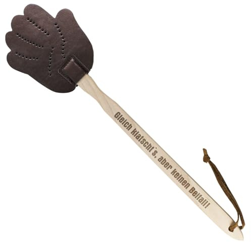 Cera & Toys® Fliegenklatsche Leder mit Holzgriff mit Spruch - Gleich Klatscht's Hand