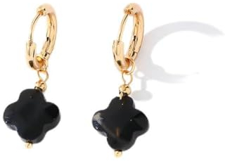 Edelstein Ohrringe Damen,Goldene Vierblättrige Kleeblatt-Ohrringe Mit Kleinem Stein Und Schwarzem Onyx – Süßer Und Niedlicher Damenschmuck Für Den Täglichen Gebrauch Oder Als Geschenk