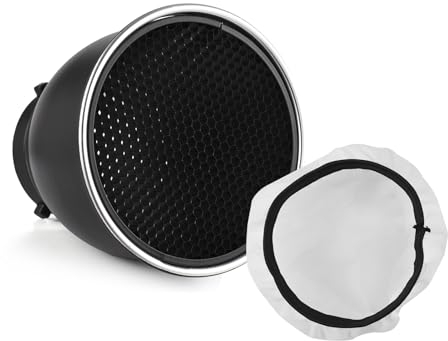 Camnoon 7 Zoll Standardreflektor Beauty Dish Bowens Mount Reflektor-Diffusor-Lampenschirm mit 60°-Wabengitter und Diffusor-Sockel für Bowens Mount Studio-Blitzlicht Strobe Monolight