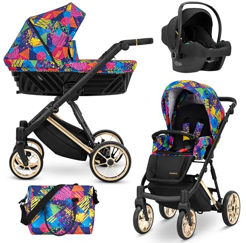 Kunert® IVENTO 3 in 1 Kinderwagen Kombikinderwagen komplettset I incl. Babywanne & Buggy Sportsitz & Auto-Babyschale mit Wickeltasche/Regenschutz +Fußsack I IVE 05 COLORS IMPRESION/GOLD FRAME