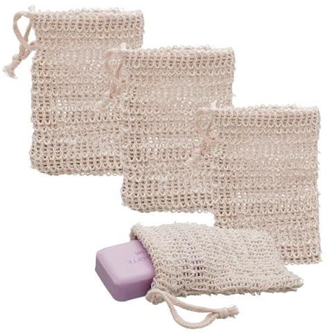 RTRTGS 3 Pezzi Porta Shampoo Solido,Porta Sapone Solido,sacchetti per sapone biologici, in Sisal Rete per sapone naturale Naturale Lino Antiscivolo Sapone Bag Schiuma