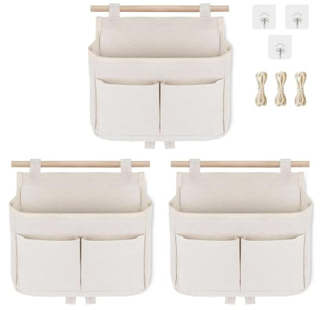 3 Stück Hängeorganizer Hängetasche, Aufbewahrungstasche Hängend, Wand Hängeaufbewahrung, Leinen Stoff Organizer Hängend, Wandorganizer mit Haken für Home, Office, Bad, Kinderzimmer (Weiß)