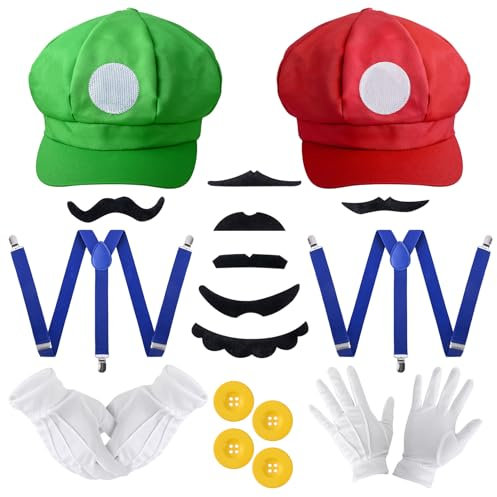 Herton Mario Bros Mütze rot und grün Hut Mario und Luigi Hüte Kappen Schnurrbärte Handschuhe Knöpfe Hosenträger Mario Karneval Fasching Party Verkleidung Karneval Cosplay Kostüm für Erwachsene Kinder